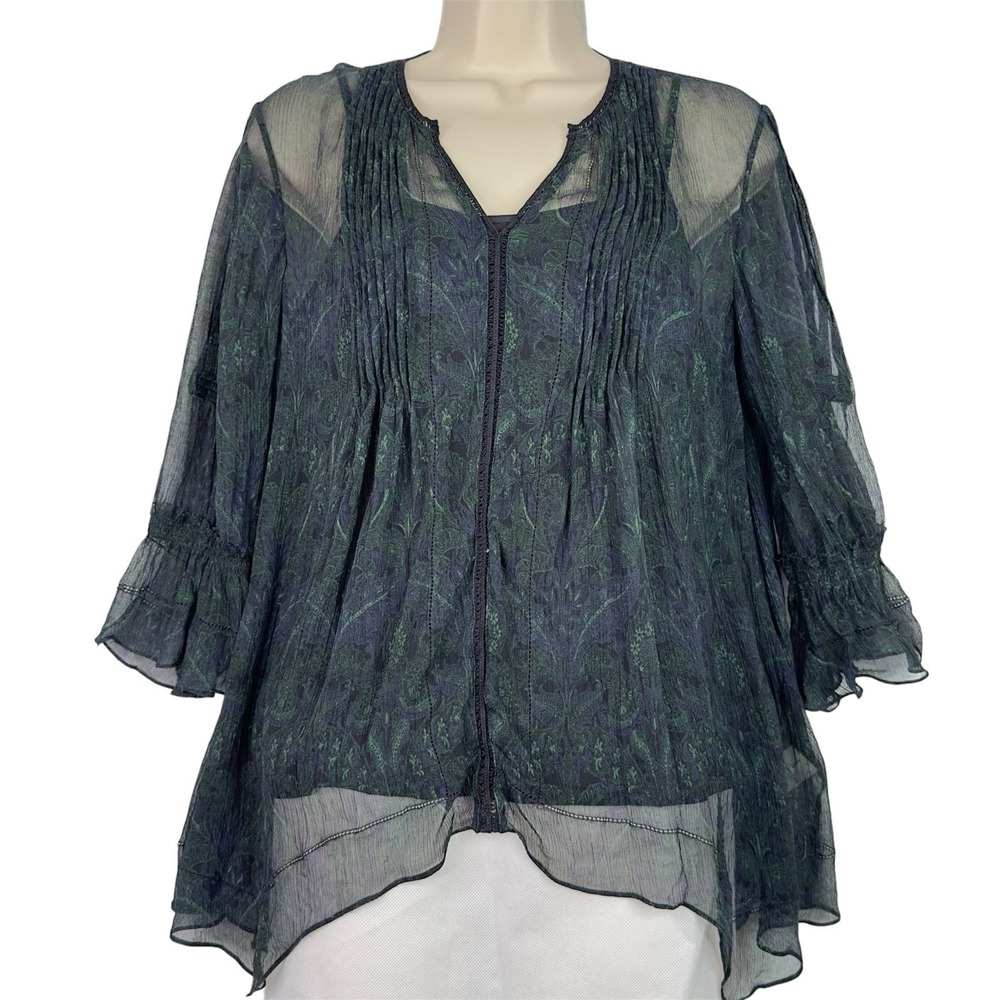Elie Tahari Silk Sheer Blouse S Green Paisley w Cami Lined Boho Romantic Luxe
